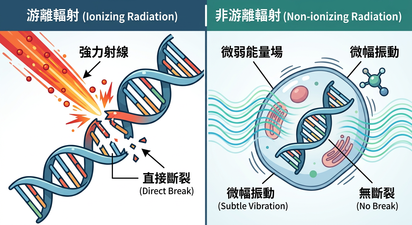 A scientific illustration comparing the effects of ionizing and non-ionizing radiation. The left side shows high-energy beams of ionizing radiation directly breaking a DNA double helix. The right side shows low-energy waves of non-ionizing radiation causing cell vibration, with the DNA structure remaining intact. Clear labels distinguish the two types of radiation and their respective effects on cells.