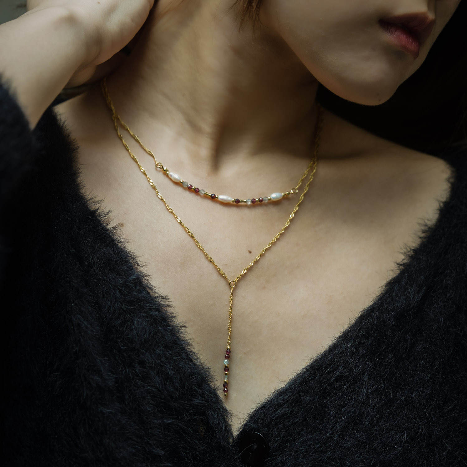 野太美｜珍珠拉長石紅石榴銅鍍18k真金Y型項鍊 N0074-1