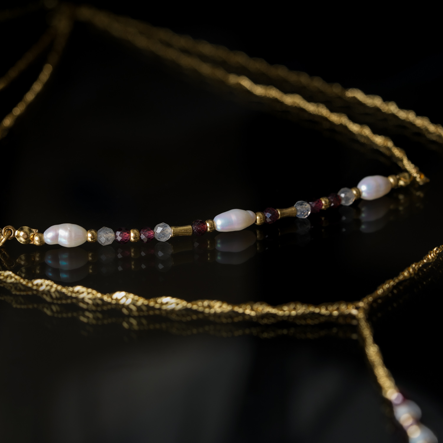 野太美｜珍珠拉長石紅石榴銅鍍18k真金Y型項鍊 N0074-1