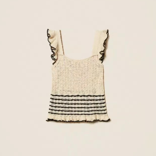 1TS0319-111 [TWINSET] Striped Jumper with Ruffles Two-tone Parchment White/Black Jacquard #261LB3HCC (C-EU-E)