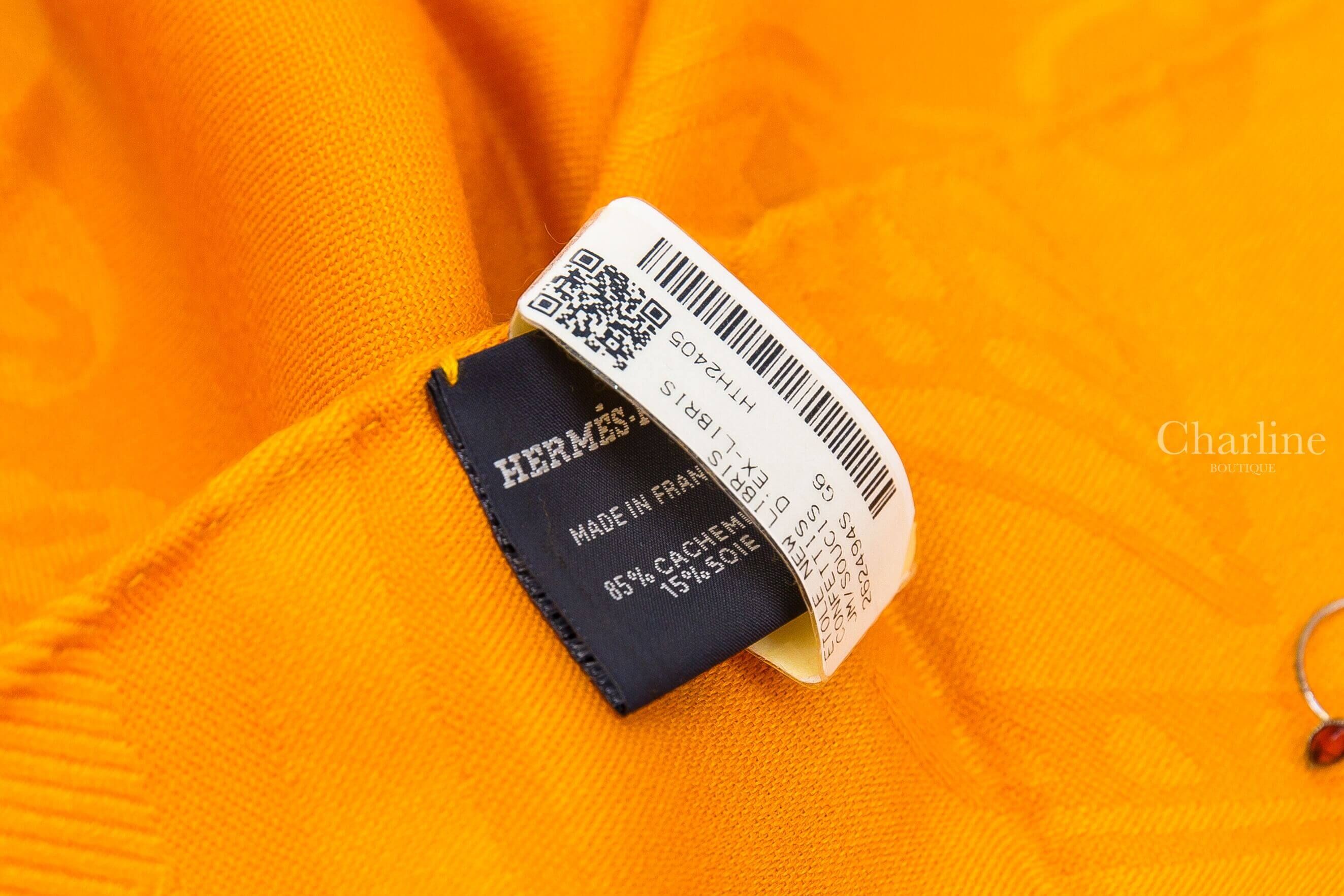 Hermès New Libris Stole 金盞花色家徽圖樣喀什米爾混真絲流蘇圍巾-Charline Boutique 精品代購