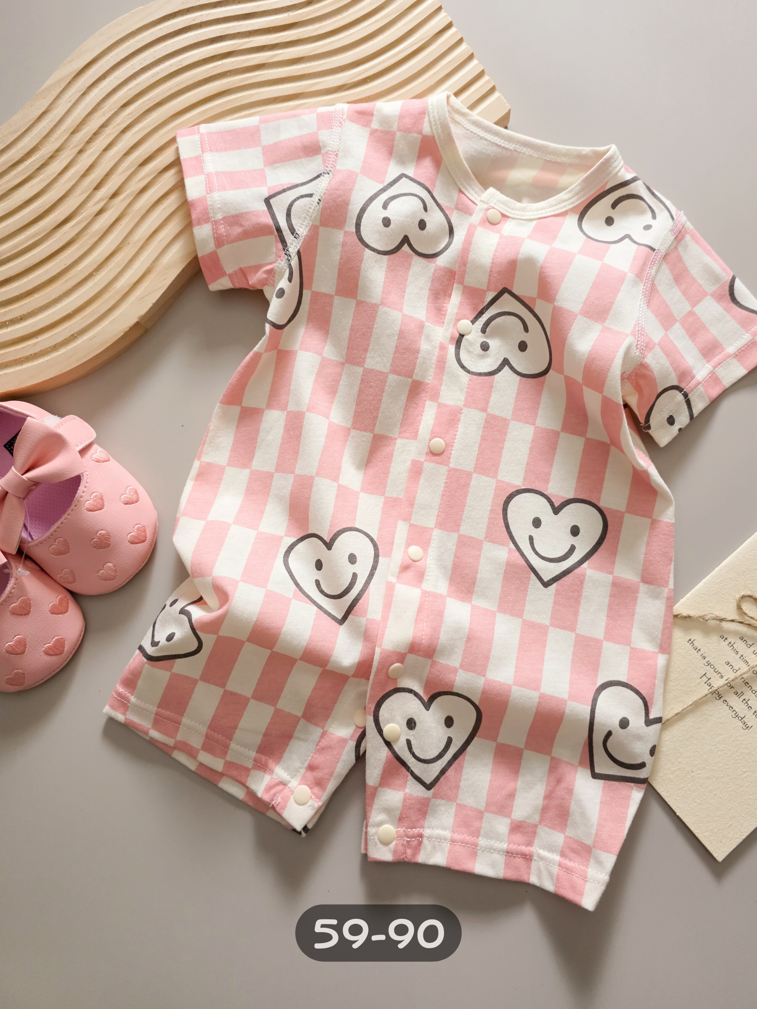 粉格笑臉愛心 短袖連身衣