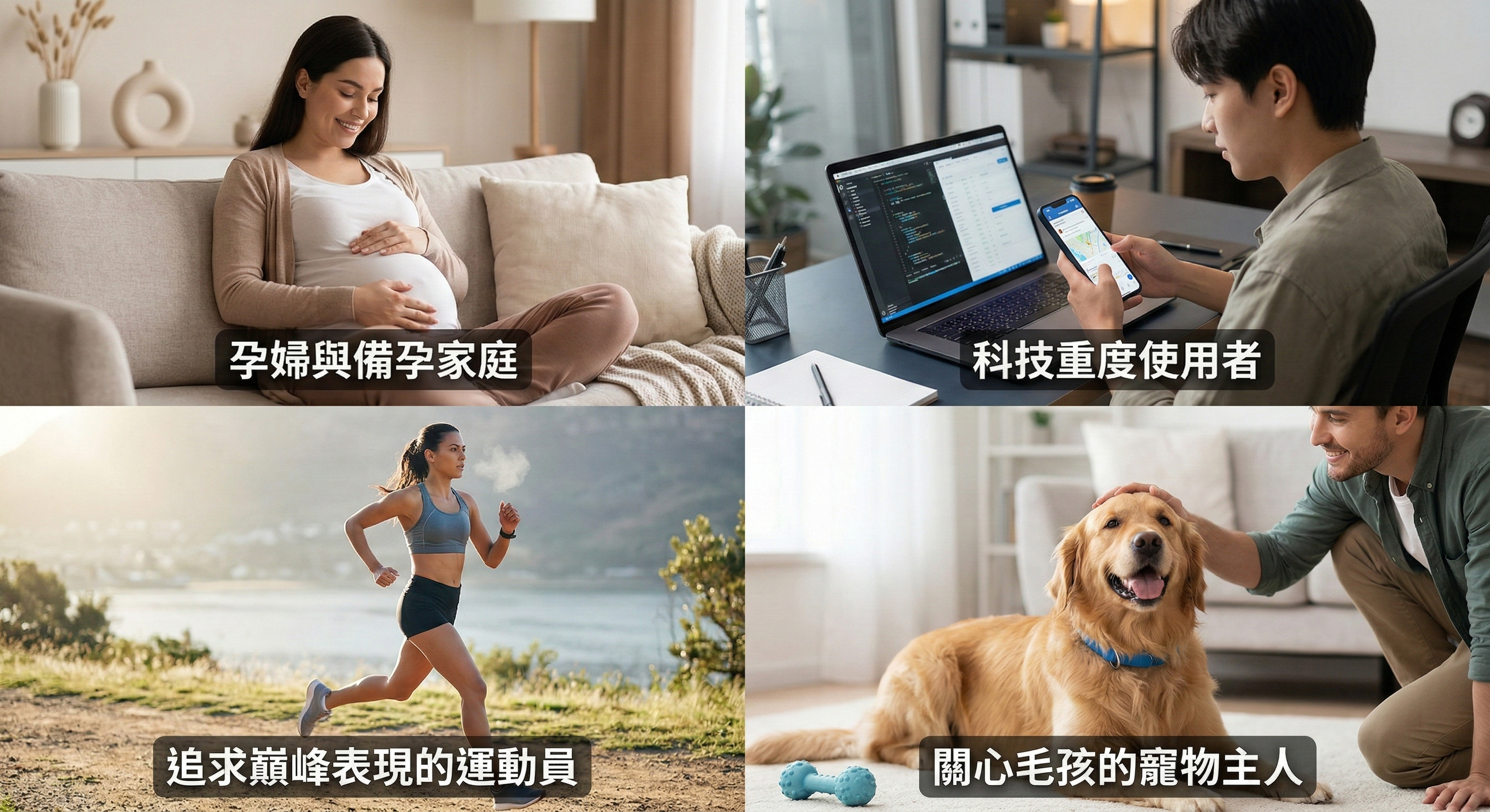 A lifestyle photo collage showing different demographics using PURLAND products in various settings. Scenes include a pregnant woman at home, an office worker using a phone and computer, an athlete training, and a pet. The image includes text labels for each demographic, emphasizing the product's versatility and convenience.