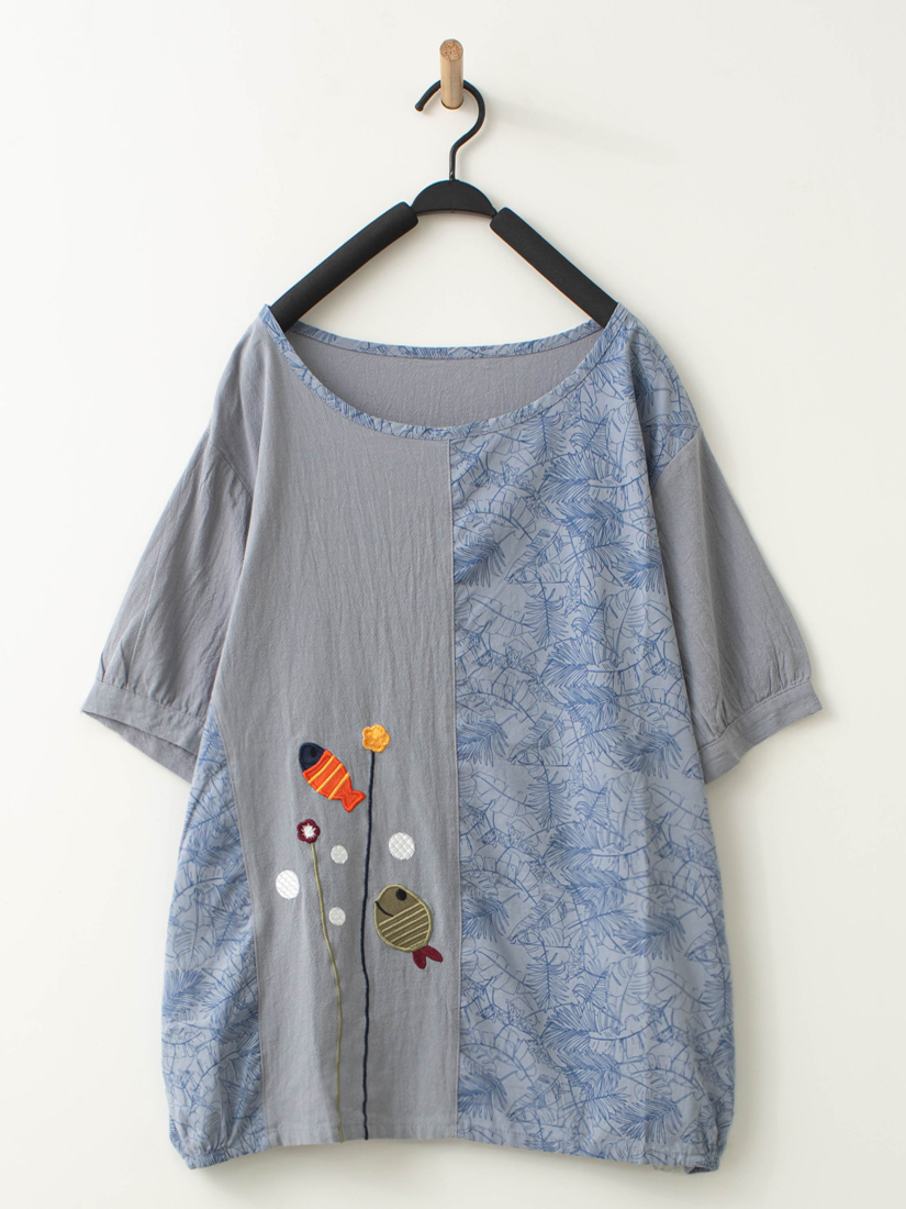 小魚刺繡拼接上衣蕾絲下擺繡花棉長裙組合