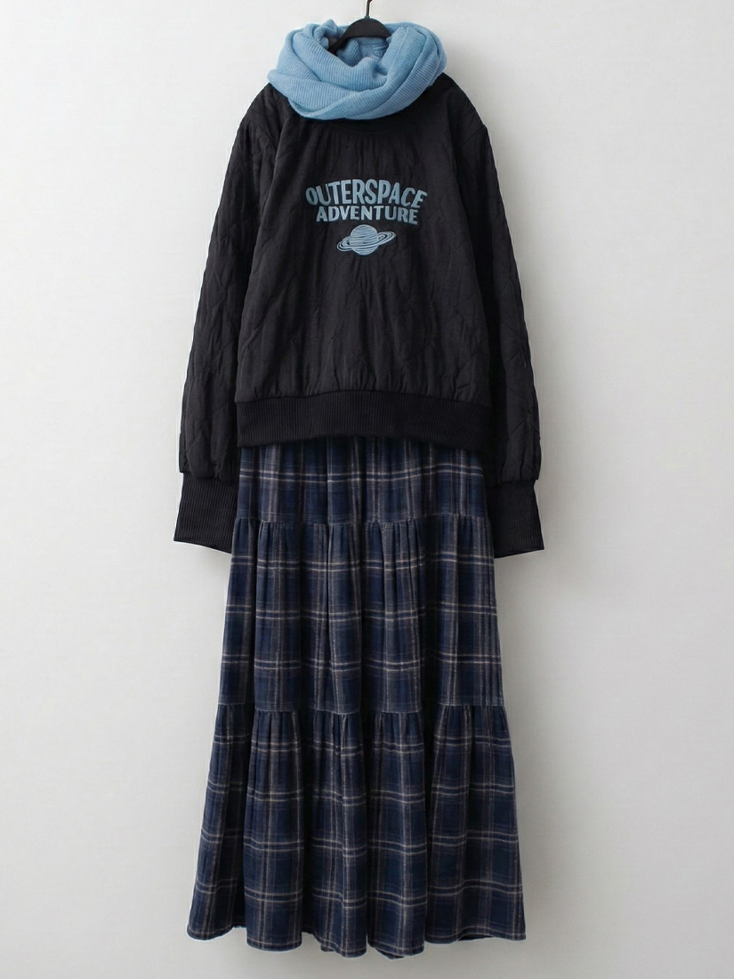 鋪棉短版上衣經典格紋法蘭絨蛋糕裙組合