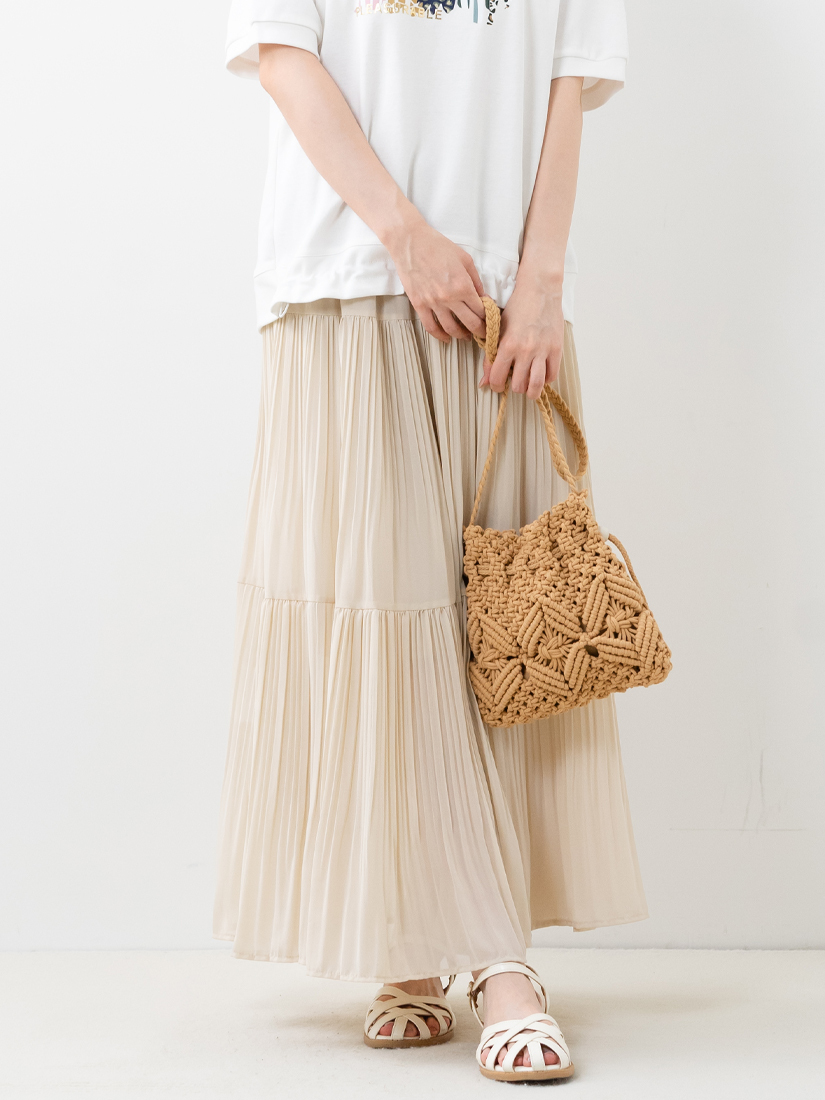 溫柔氣質雪紡壓褶剪接蛋糕長裙