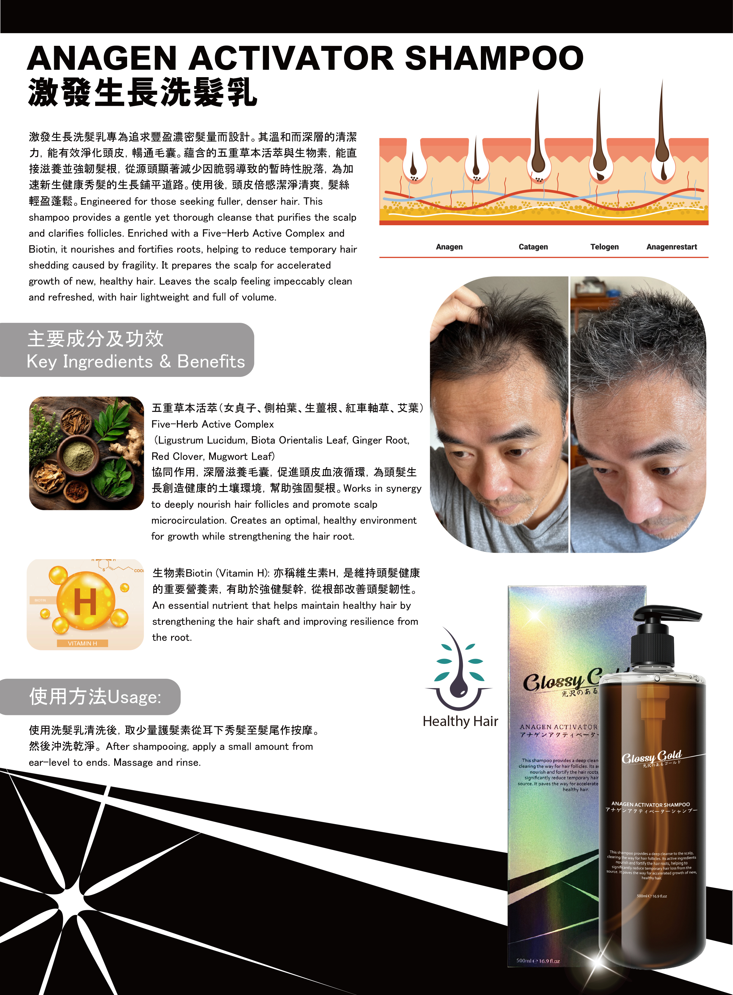 (F) 激發生長洗髮乳 500ml - Glossy Gold 喚醒毛囊生髮系列 - 日本ORORA #2704OR