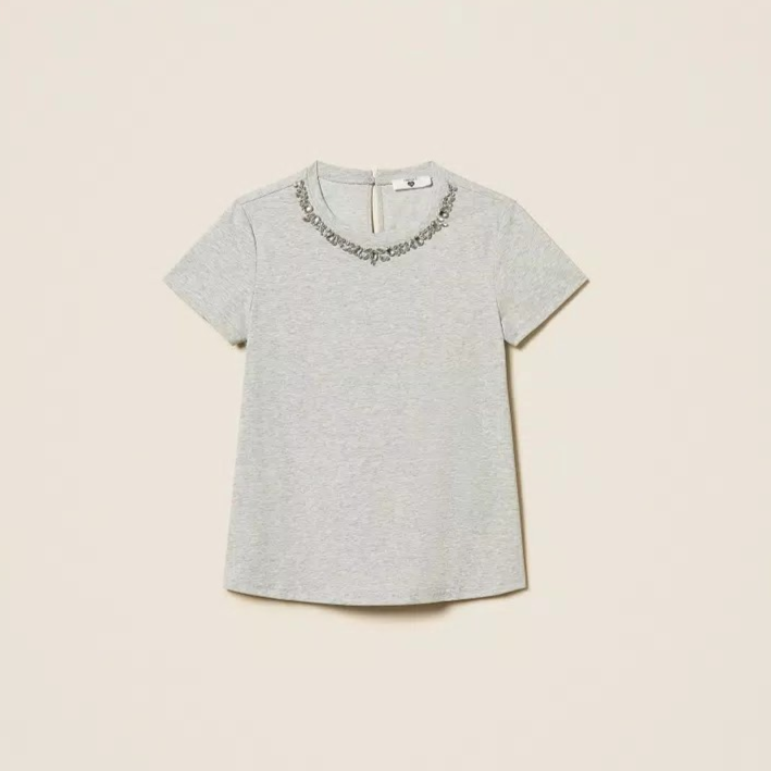 1TS0319-106 [TWINSET] Fitted T-shirt with Cabochon Embroidery Light Grey Melange #261LL2BEE (C-EU-E)