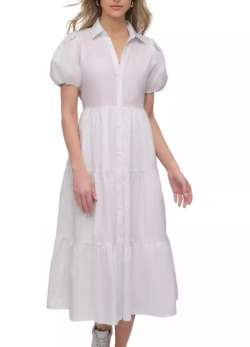 [S] DKNY DKNY WHITE POPLIN DRESS WITH PUFF SLEEVE, DJ4D9004-WHT [FINAL SALE] (SD1567)