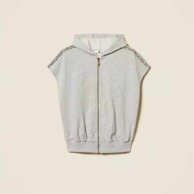 1TS0319-105 [TWINSET] Hoodie with Cabochon Embroidery Light Grey Melange #261LL2BBB (C-EU-E)