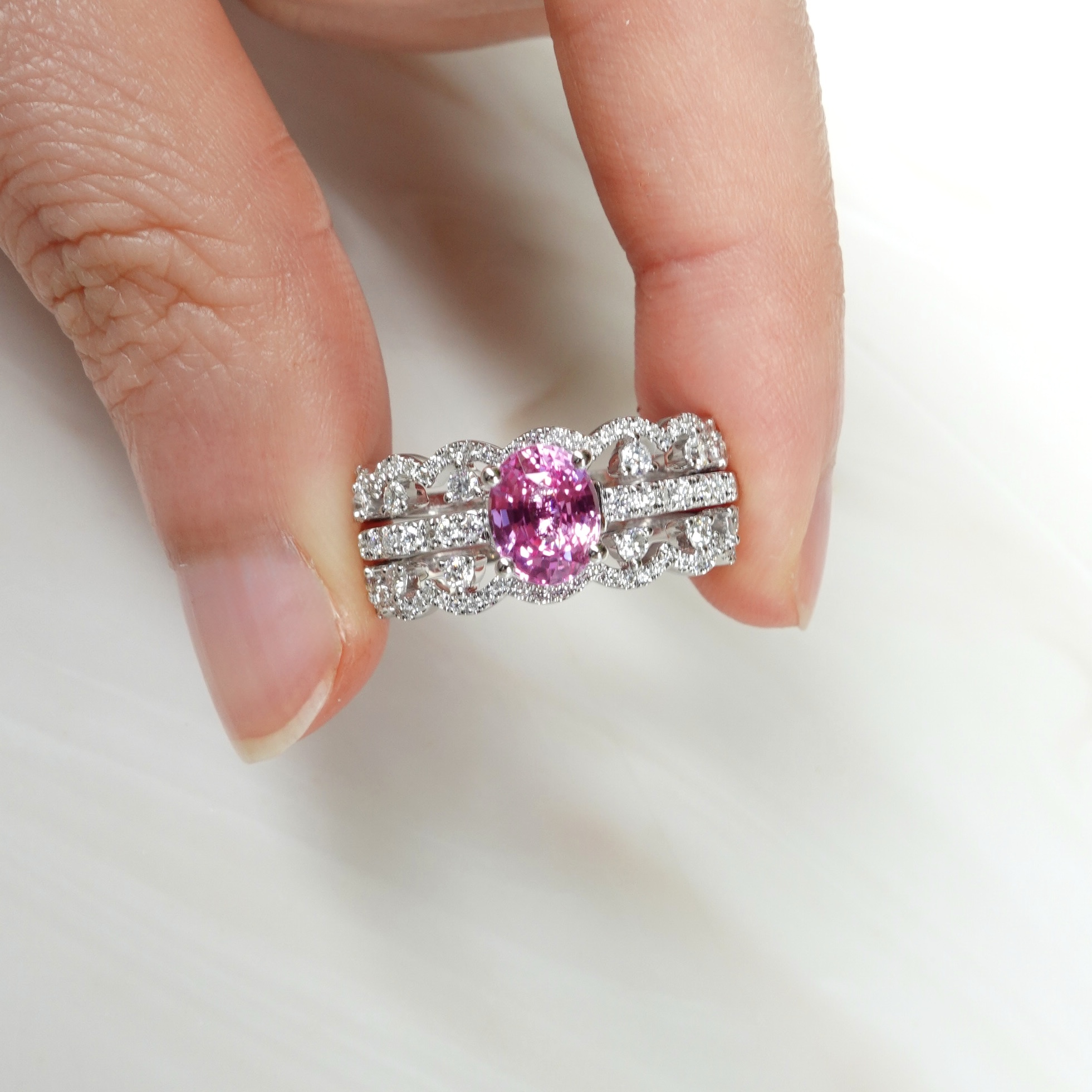 1.14ct無燒Padparadscha 18K金戒指一套三件-日出色  (帶寶石證書)