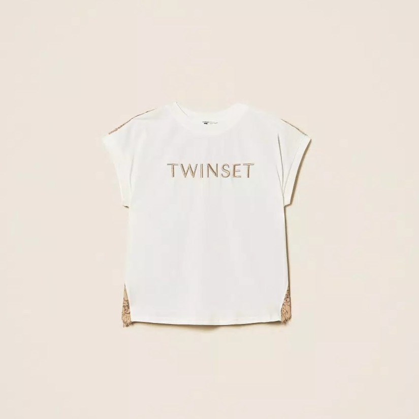 1TS0319-104 [TWINSET] T-Shirt with Lace and Embroidered Logo Two-tone Off White/Incense #261LL2ADD (C-EU-E)