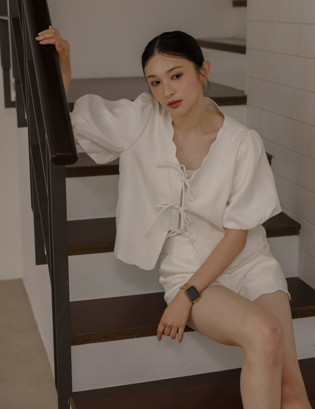 花邊造型澎袖上衣（白色/2尺寸）