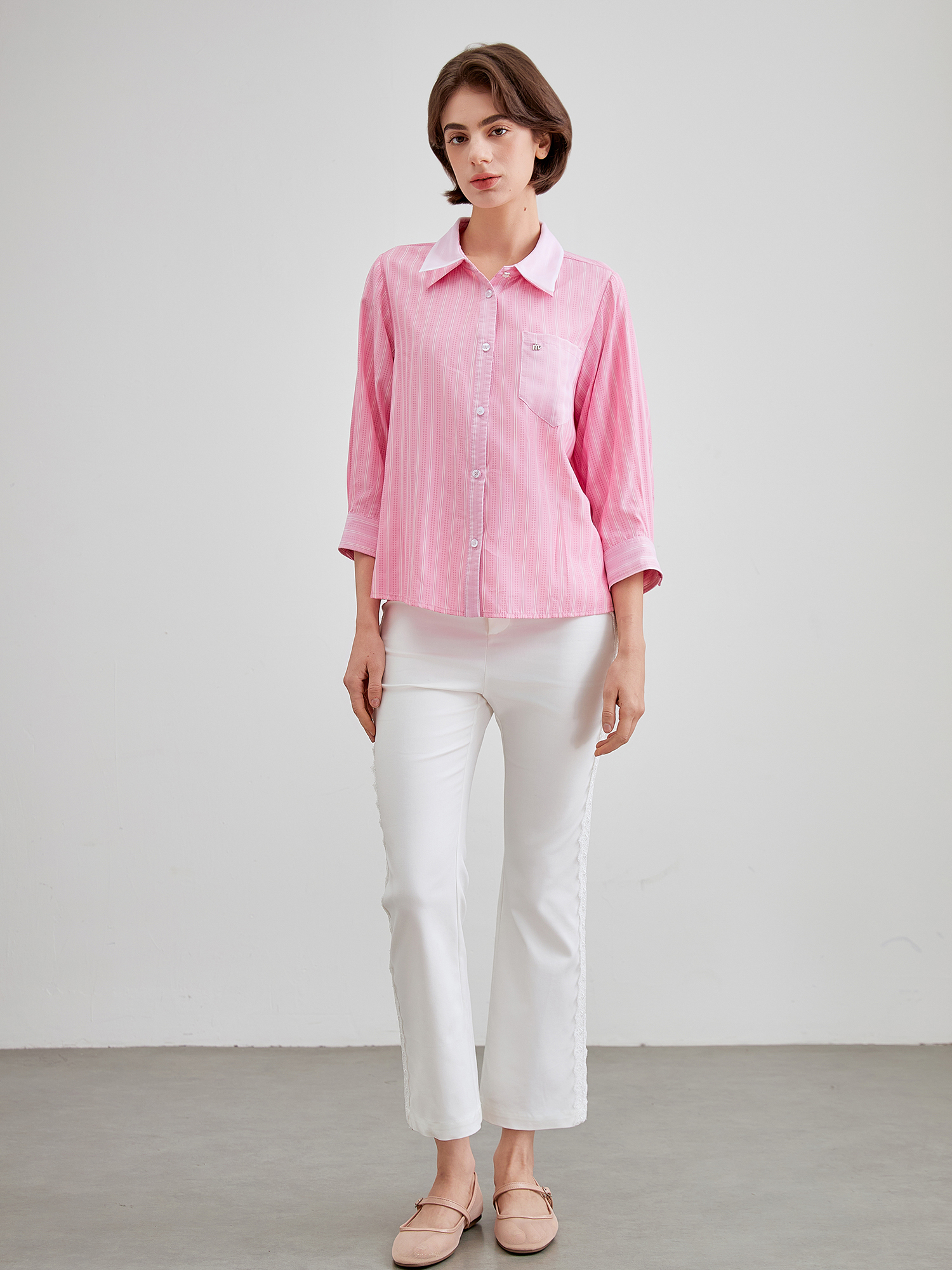 mi-tu 條紋網紗拼接恤衫