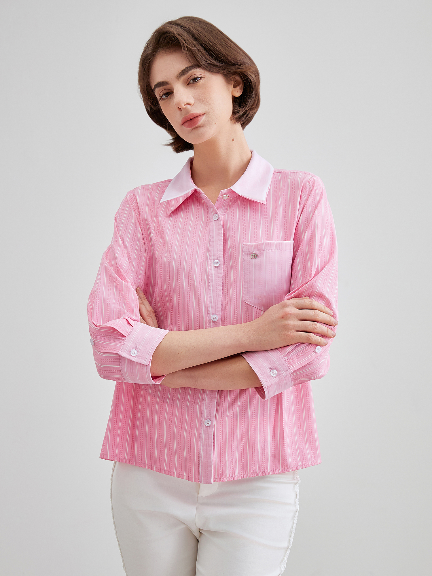 mi-tu 條紋網紗拼接恤衫