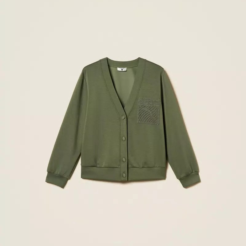 1TS0319-102 [TWINSET] Scuba Cardigan with Crochet Detail Thyme Green #261LL2GEE (C-EU-E)