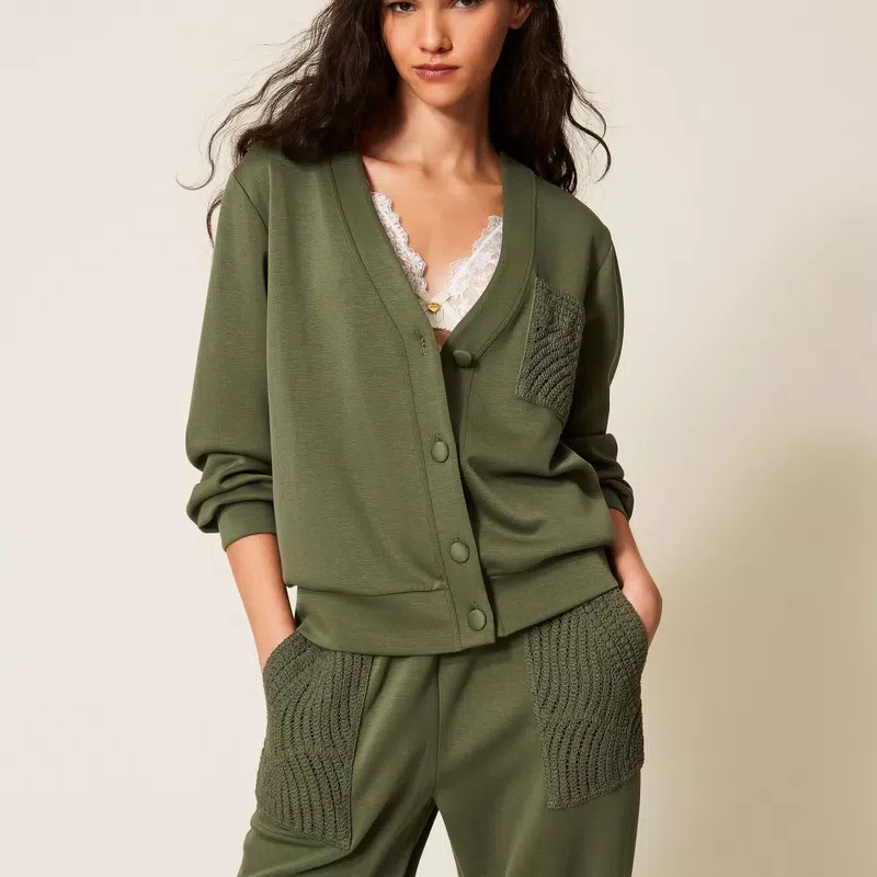 1TS0319-102 [TWINSET] Scuba Cardigan with Crochet Detail Thyme Green #261LL2GEE (C-EU-E)