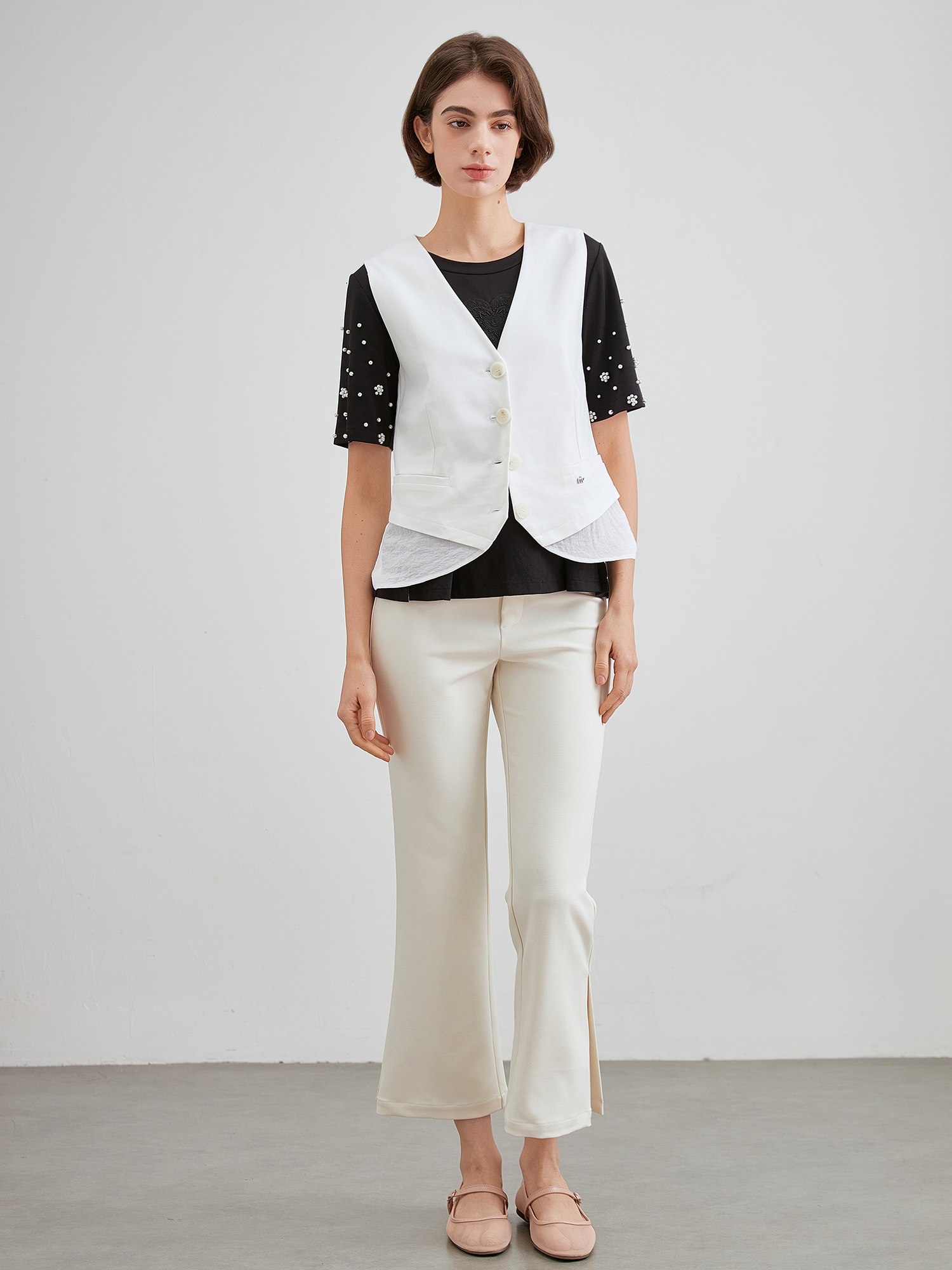 mi-tu薄紗拼接V領馬甲背心