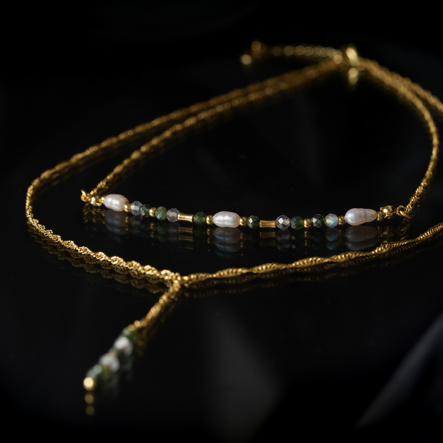 自在美｜珍珠拉長石綠龍晶銅鍍18k真金Y型項鍊 N0074-2