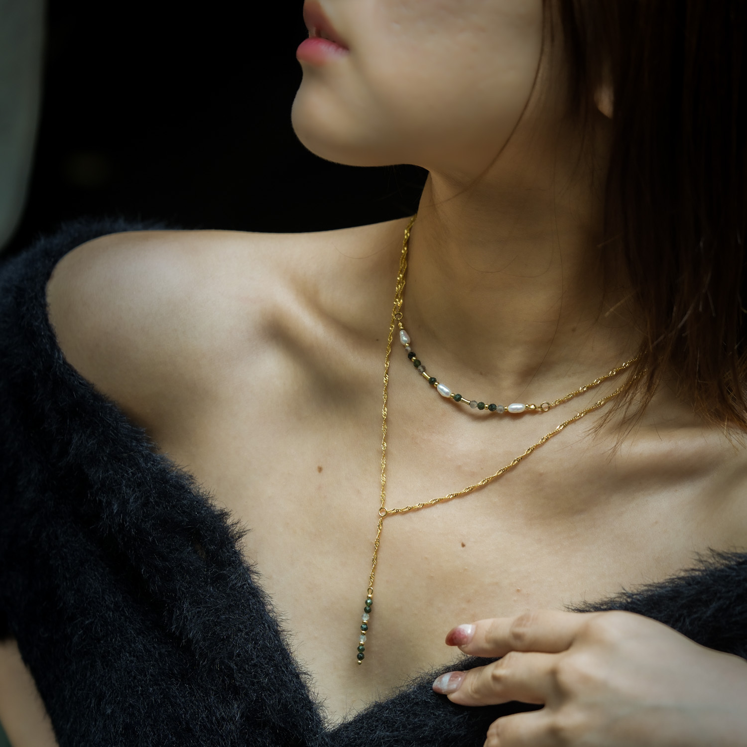 自在美｜珍珠拉長石綠龍晶銅鍍18k真金Y型項鍊 N0074-2