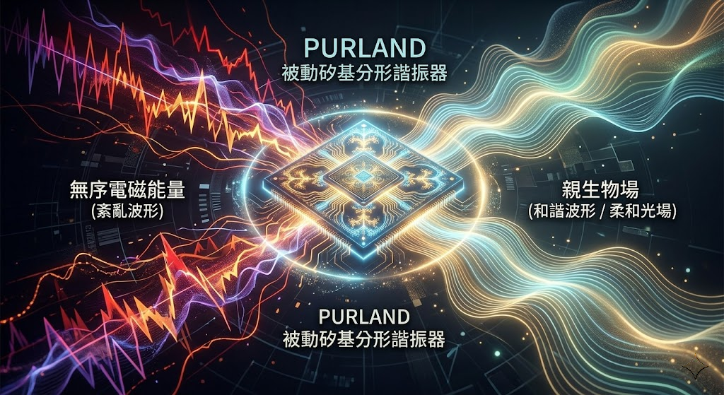 A visual concept diagram demonstrating how PURLAND harmonization technology works. Chaotic, high-frequency electromagnetic waves (represented by irregular lines) enter an abstract PURLAND chip core from the outside. After being processed by the chip, they are transformed into soft, orderly, and bioaffine (bio-friendly) harmonious ripples or a light field (represented by smooth, even ripples) radiating outward.
