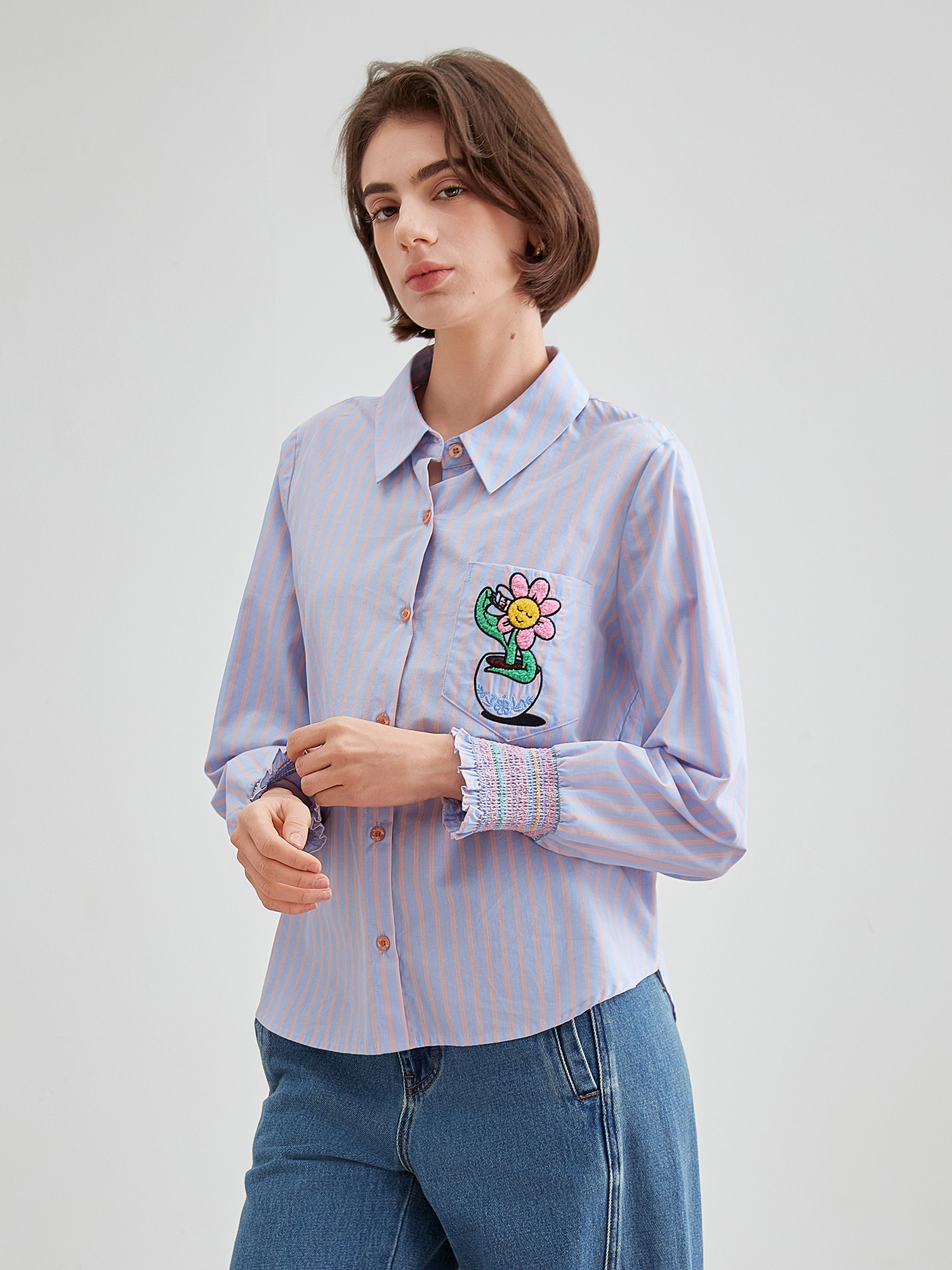 mi-tu刺繡印花條紋恤衫