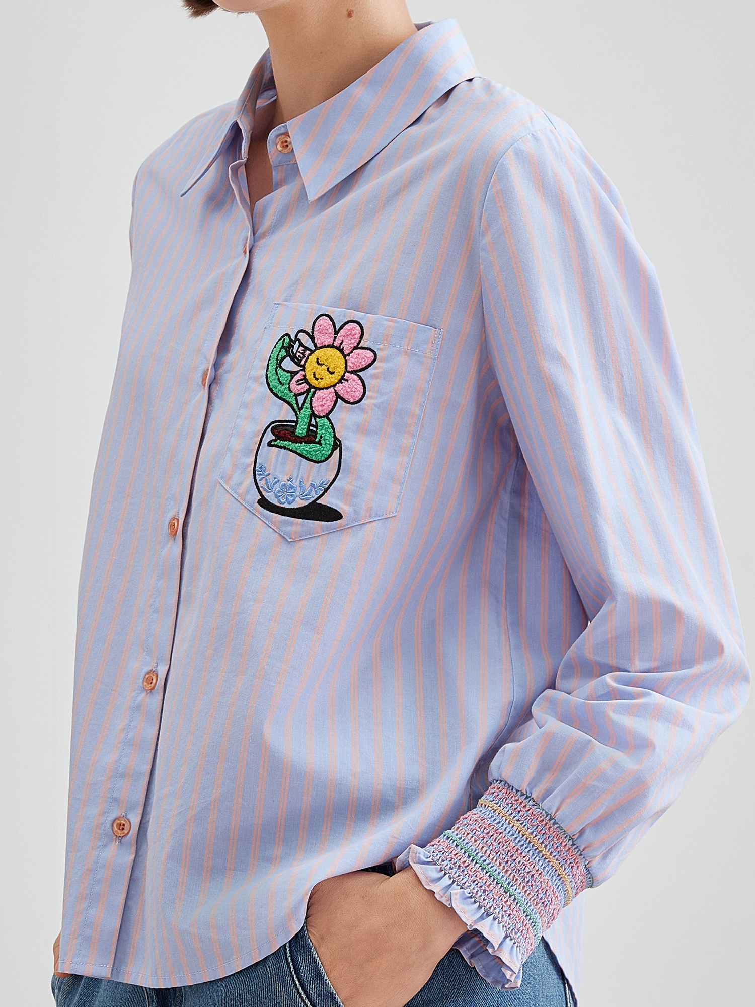 mi-tu刺繡印花條紋恤衫