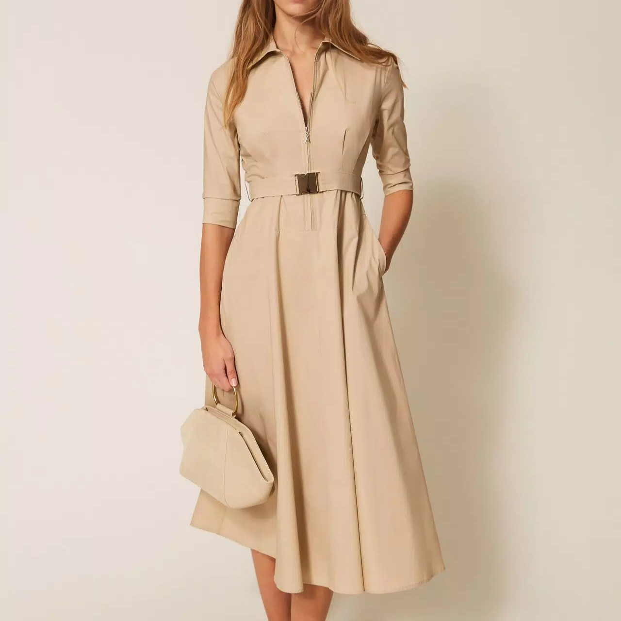 1TS0319-097 [TWINSET] Long Poplin Dress with Belt Safari Beige #261AP2284 (C-EU-E)