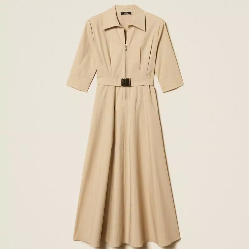 1TS0319-097 [TWINSET] Long Poplin Dress with Belt Safari Beige #261AP2284 (C-EU-E)