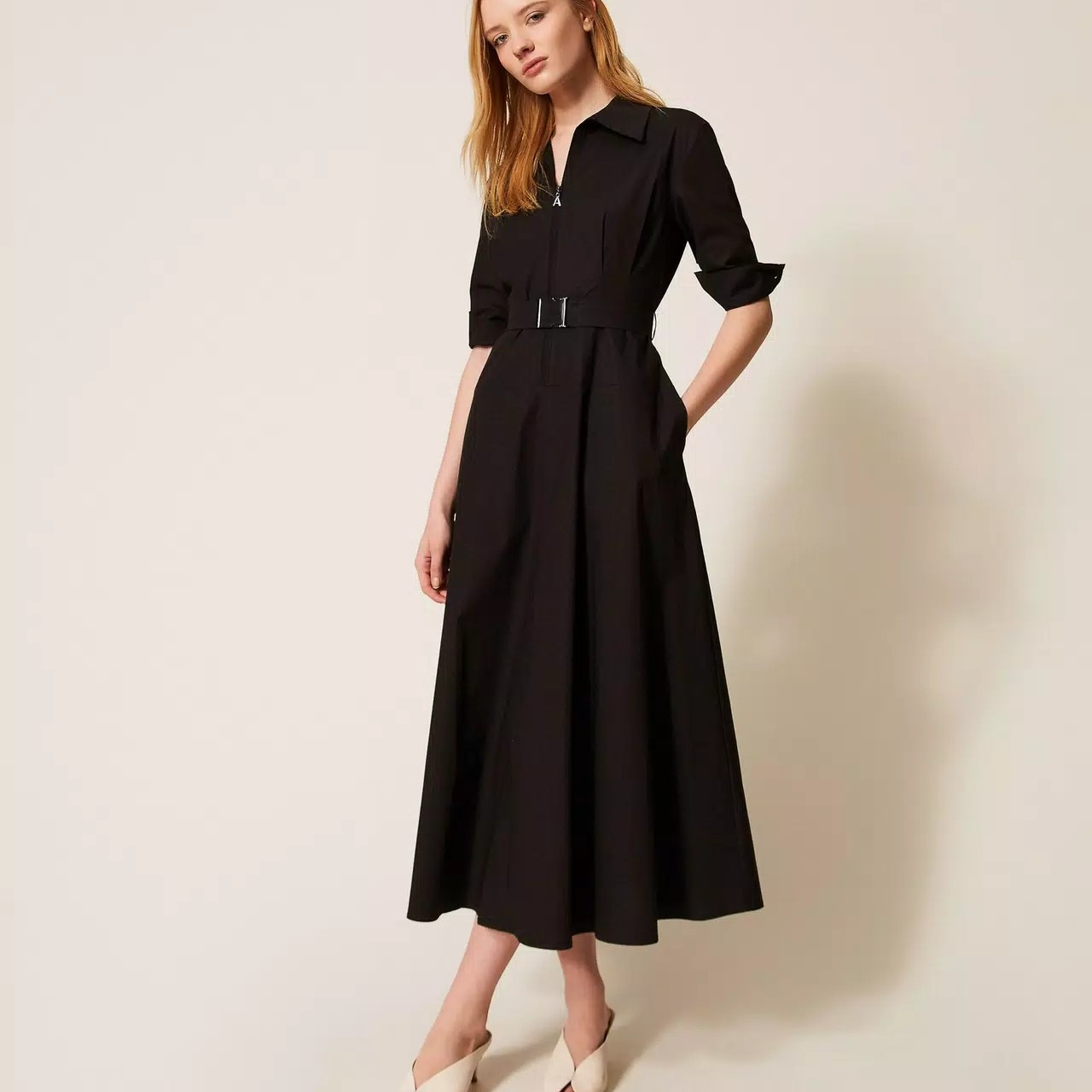 1TS0319-096 [TWINSET] Long Poplin Dress with Belt Black #261AP2284 (C-EU-E)