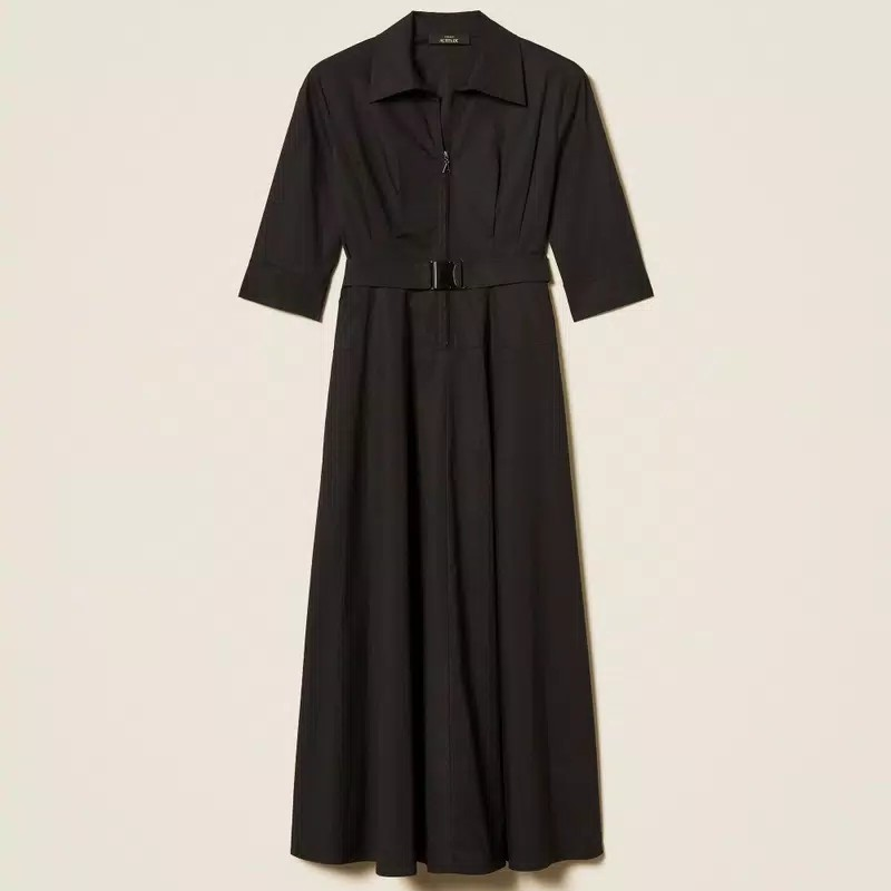 1TS0319-096 [TWINSET] Long Poplin Dress with Belt Black #261AP2284 (C-EU-E)