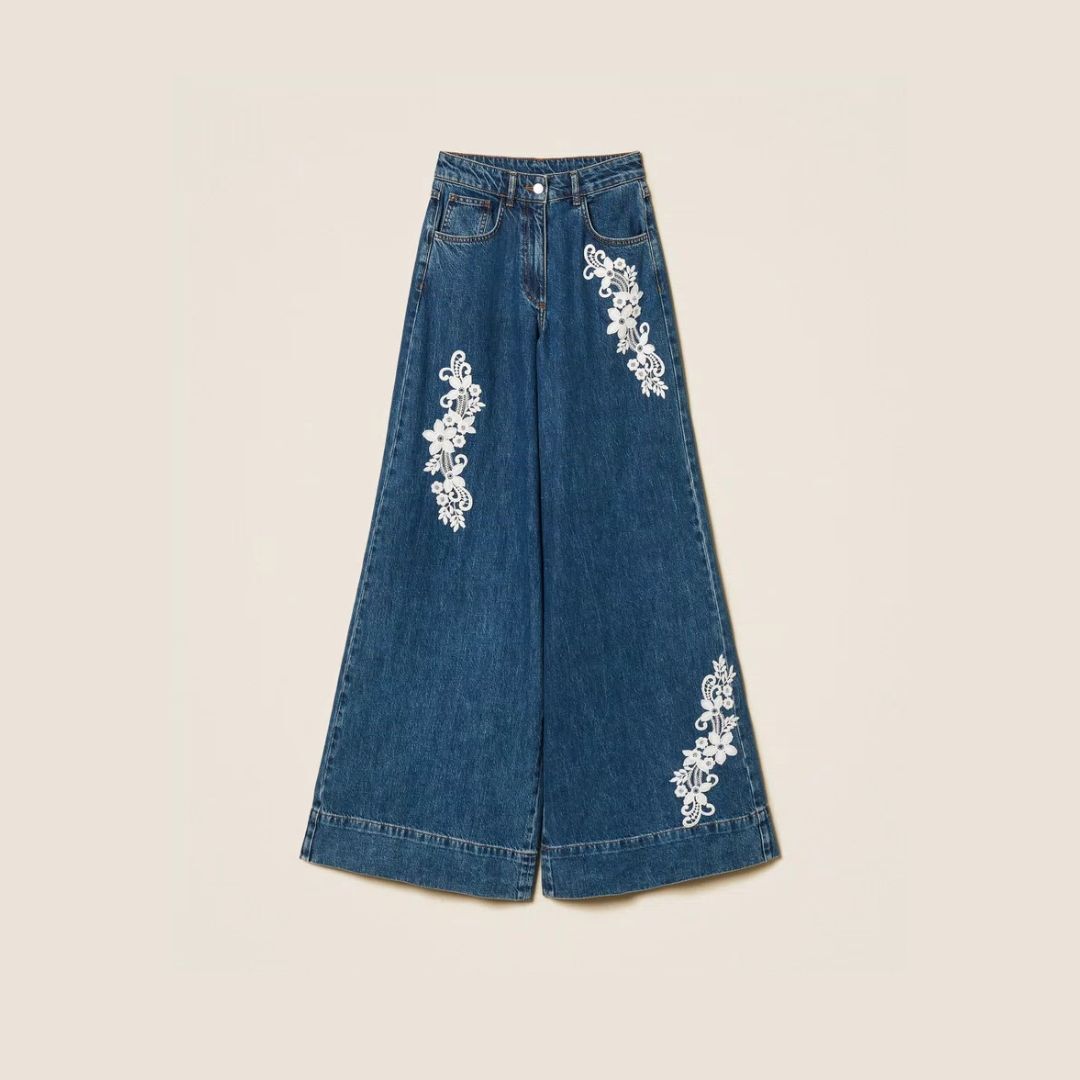 1TS0319-095 [TWINSET] Wide-Leg Denim Trousers with Lace Denim Blue #261AP2390 (C-EU-E)