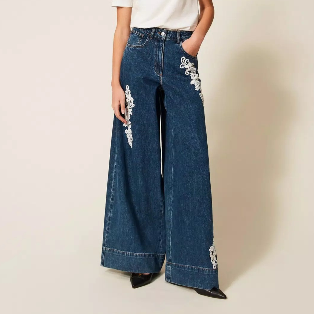 1TS0319-095 [TWINSET] Wide-Leg Denim Trousers with Lace Denim Blue #261AP2390 (C-EU-E)