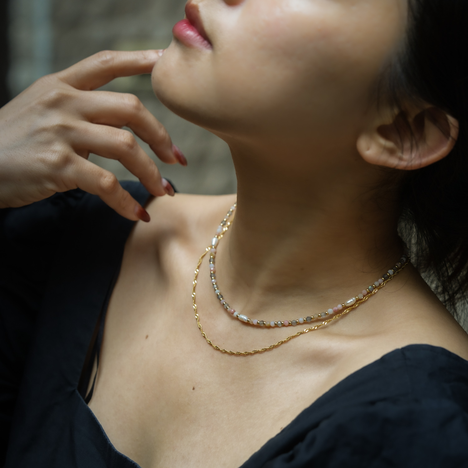 柔和美｜珍珠拉長石粉蛋白石銅鍍18k真金滿珠項鍊 N0075-7