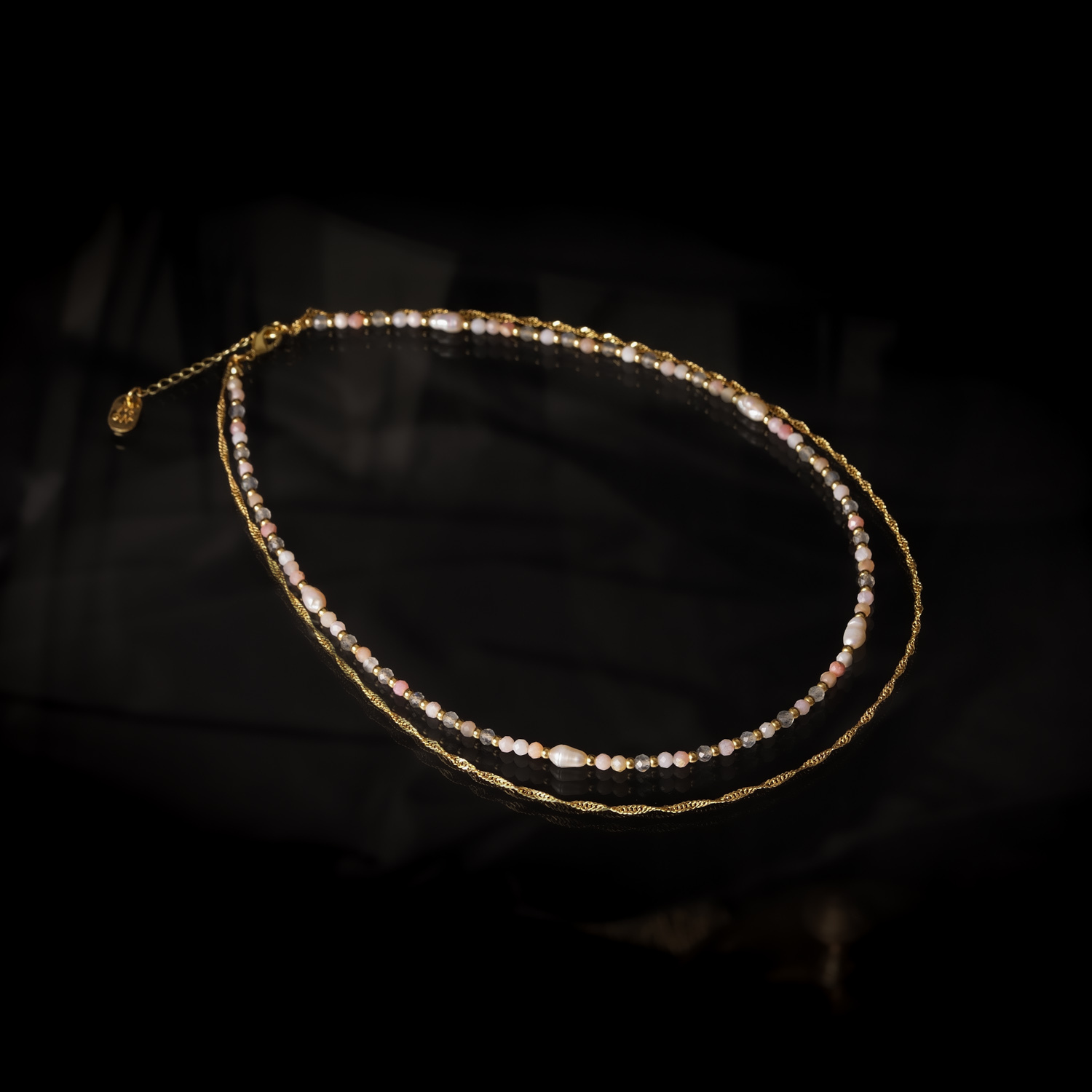 柔和美｜珍珠拉長石粉蛋白石銅鍍18k真金滿珠項鍊 N0075-7