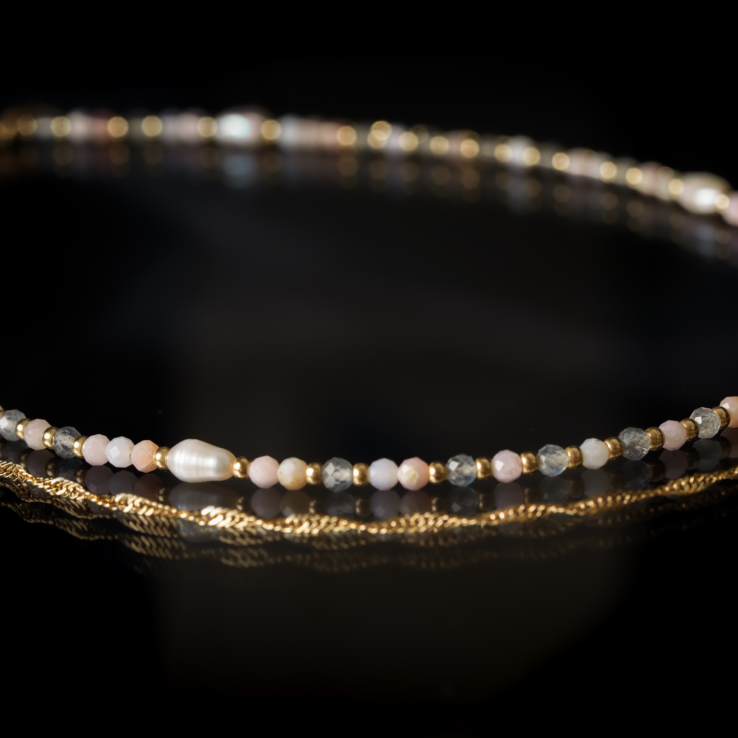 柔和美｜珍珠拉長石粉蛋白石銅鍍18k真金滿珠項鍊 N0075-7