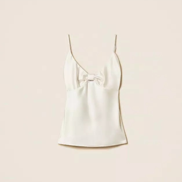 1TS0319-093 [TWINSET] Satin Top with Knot White #261AP2253 (C-EU-E)