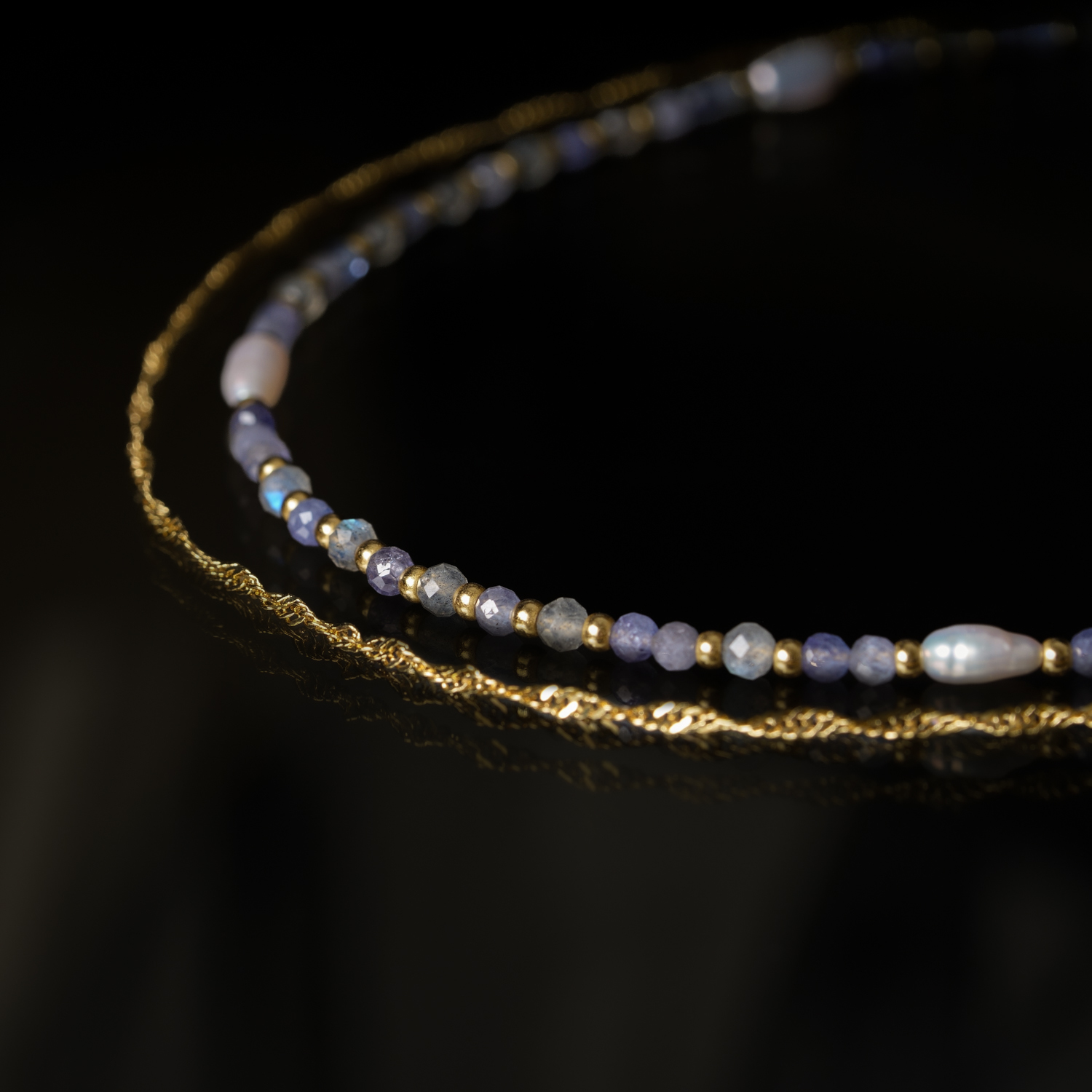 癮性美｜珍珠拉長石丹泉石銅鍍18k真金滿珠項鍊 N0075-5