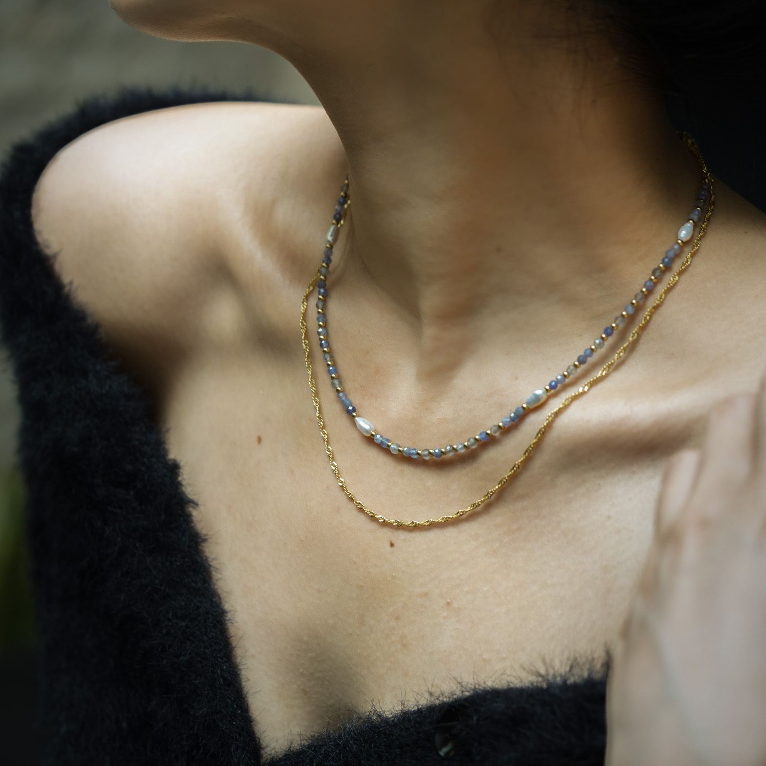 癮性美｜珍珠拉長石丹泉石銅鍍18k真金滿珠項鍊 N0075-5