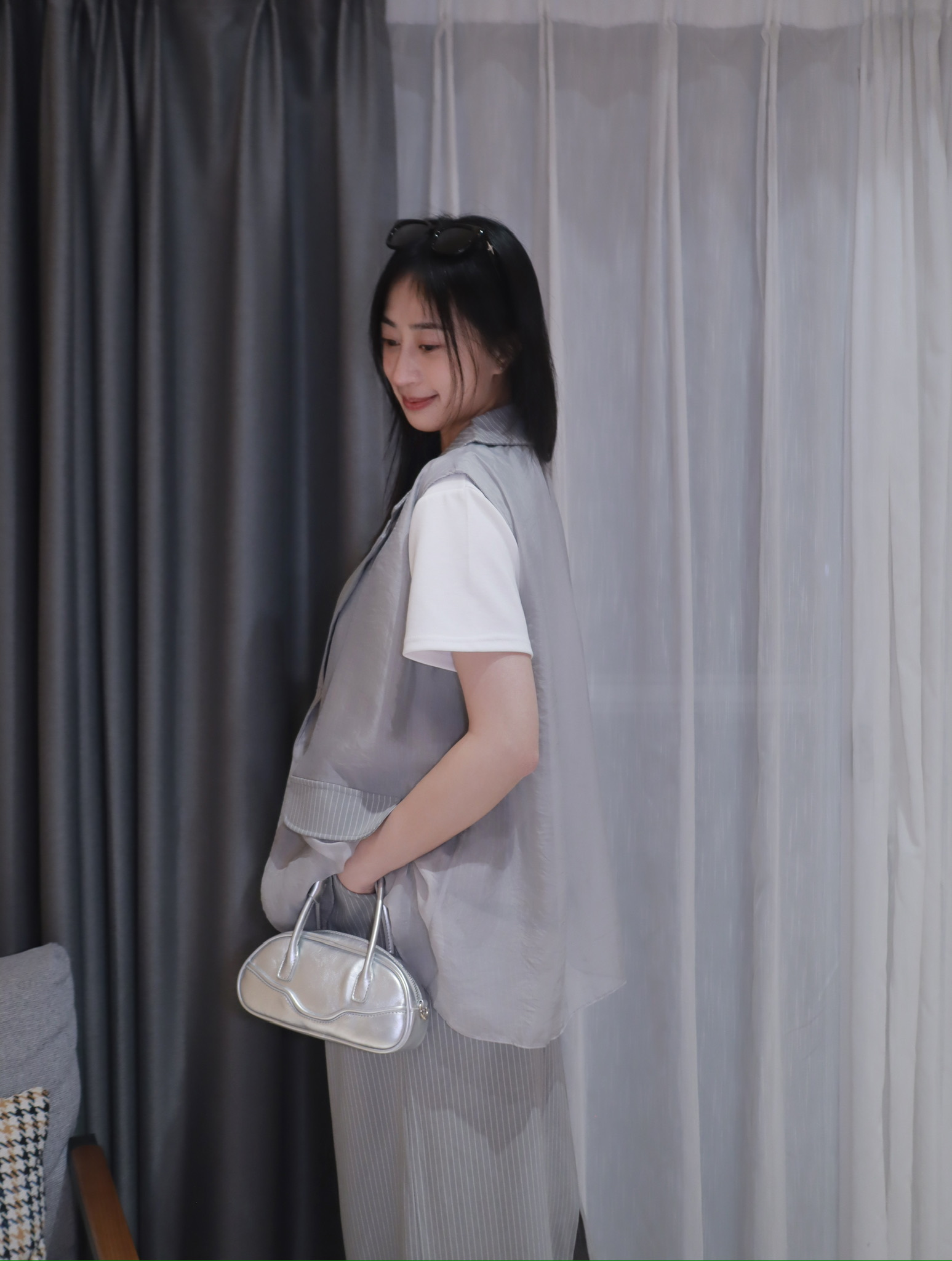 拼接雪訪直紋西裝背心長裙2件套