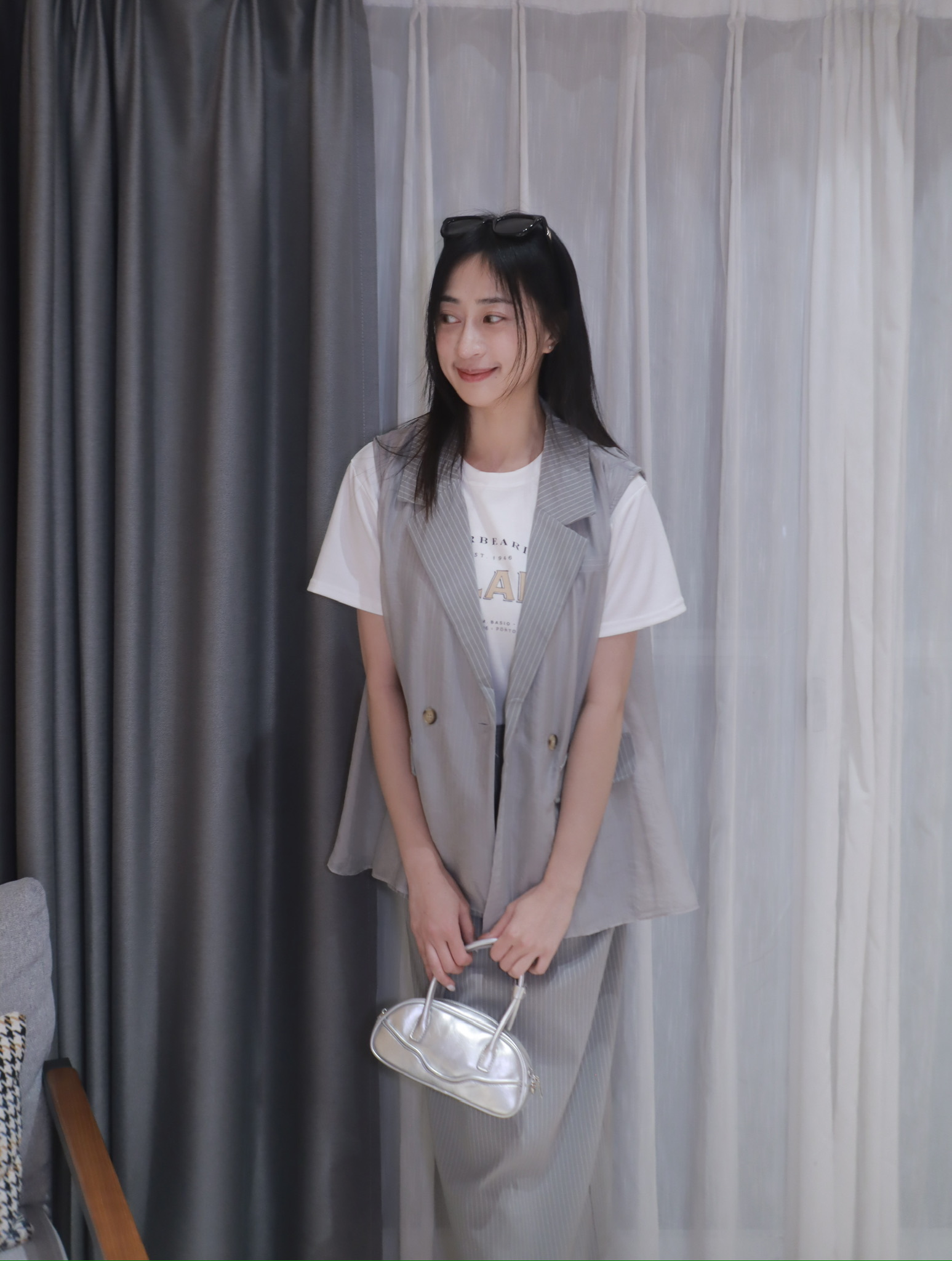 拼接雪訪直紋西裝背心長裙2件套