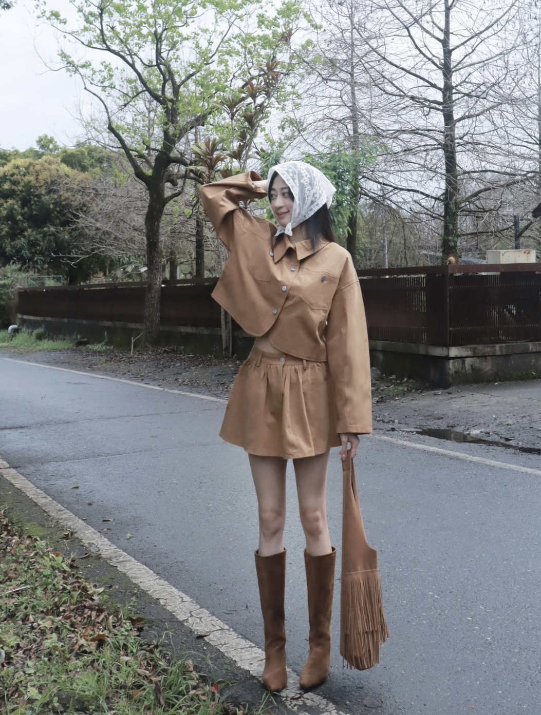 翻領卡其襯衫 褲裙 2件套