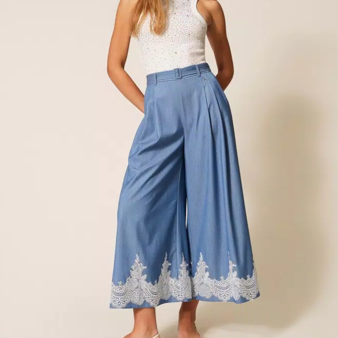 1TS0319-091 [TWINSET] Palazzo Trousers with Lace and Belt Dark Skyline #261AP2291 (C-EU-E)