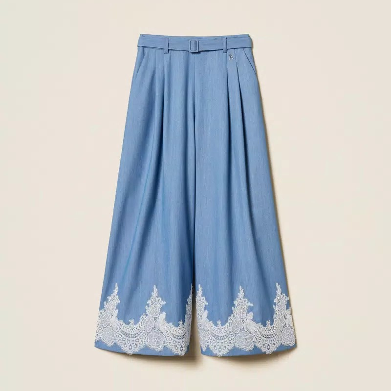 1TS0319-091 [TWINSET] Palazzo Trousers with Lace and Belt Dark Skyline #261AP2291 (C-EU-E)