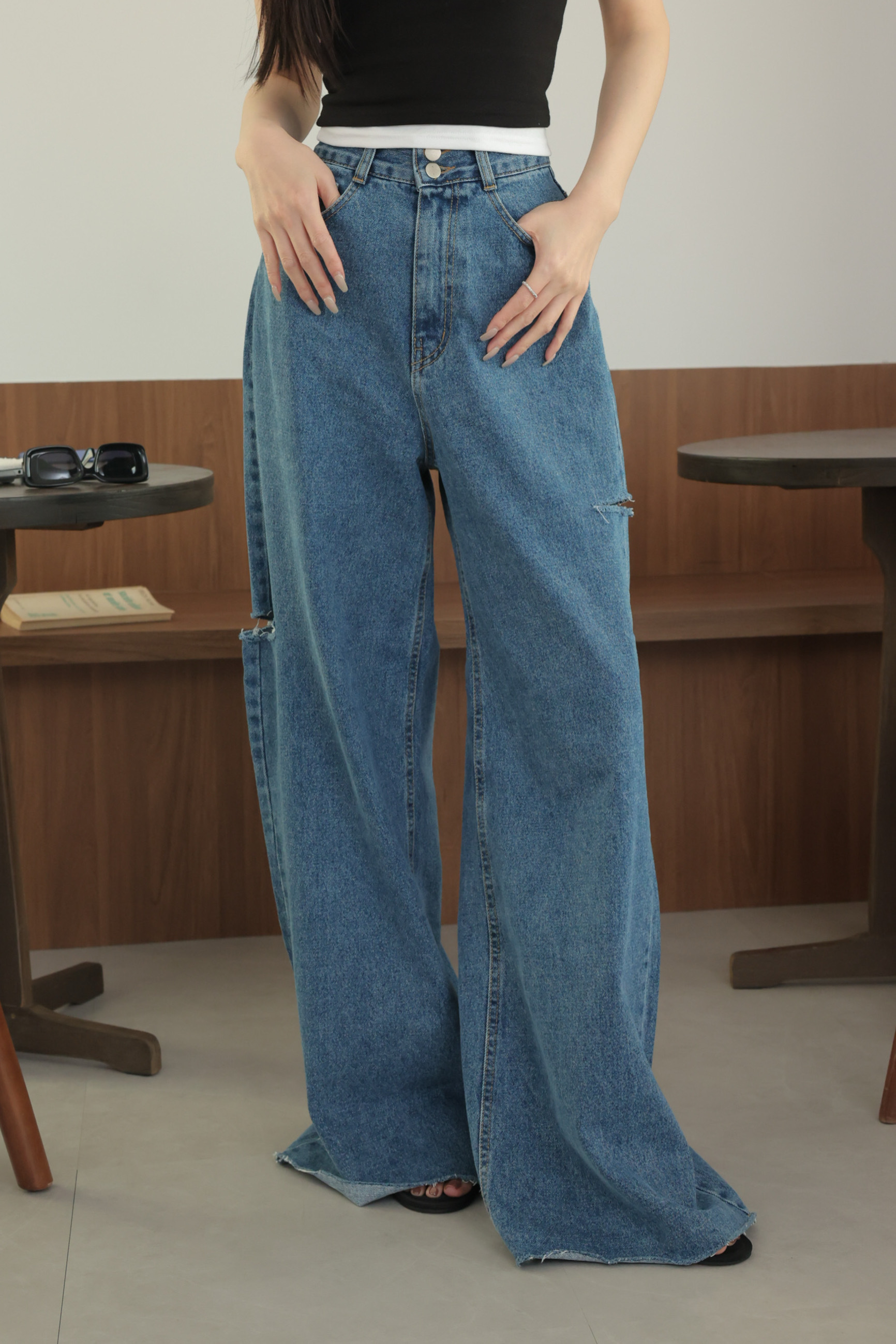 （現貨）雙釦長腿割破寬褲 HA31