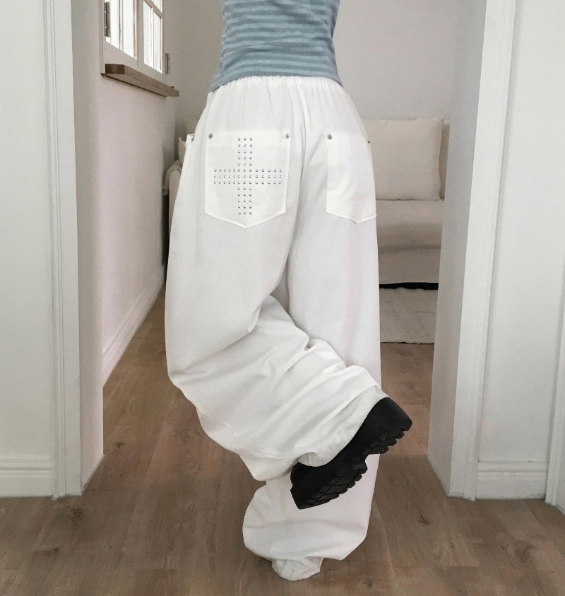 韓國🇰🇷 鉚釘十字架口袋 工作褲 長褲 鬆緊腰圍 氣球褲