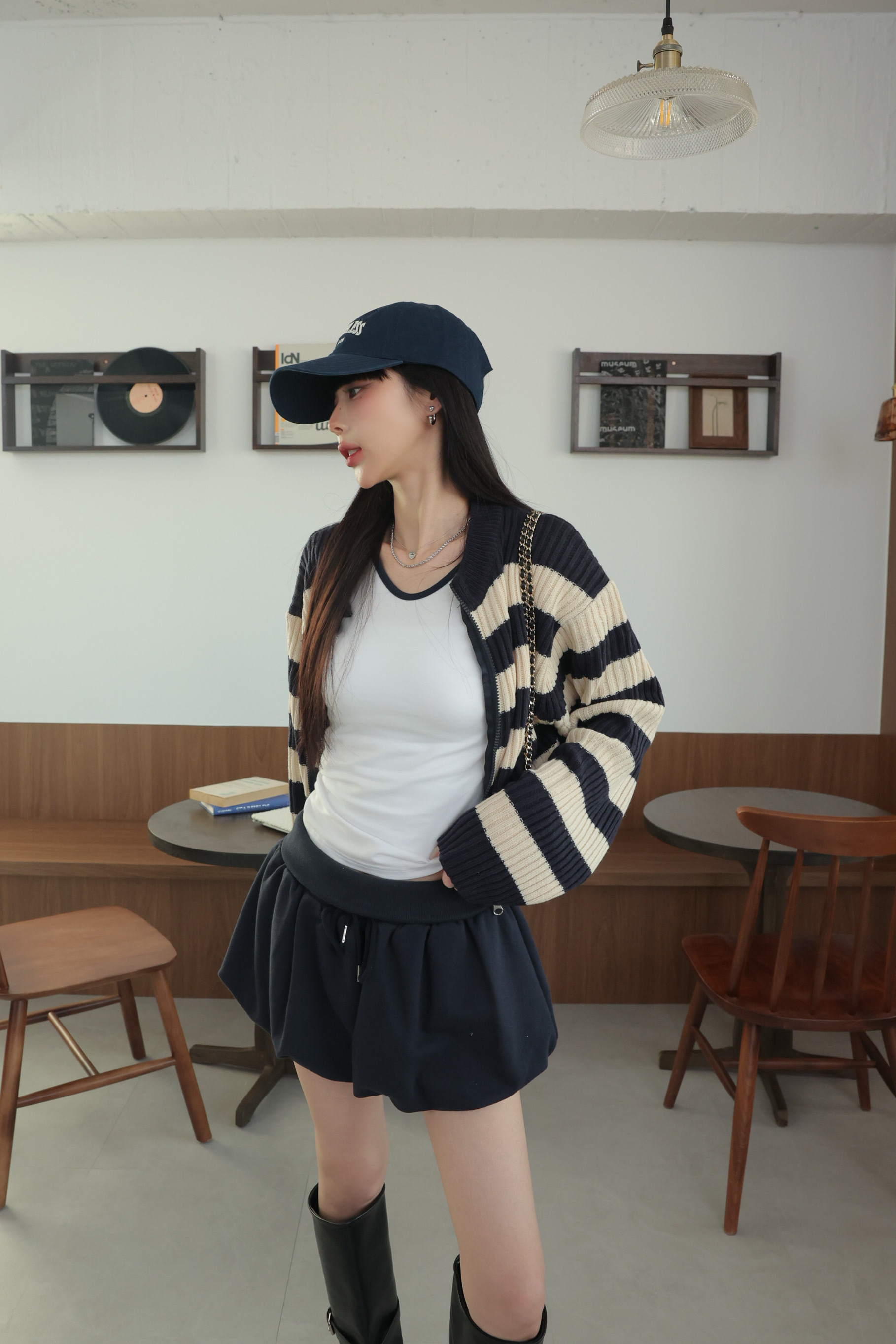 （現貨）條紋無領針織外套 HA01