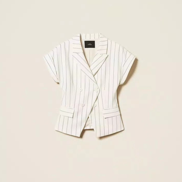 1TS0319-080 [TWINSET] Double-Breasted Pinstripe Jacket White Pinstripe #261AP2085 (C-EU-E)