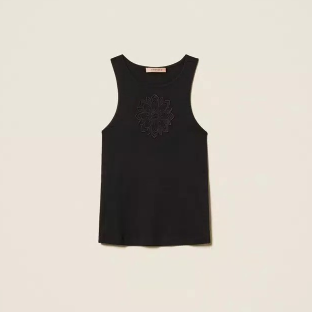 1TS0319-078 [TWINSET] Tank Top with Floral Embroidery Black #261TP2090 (C-EU-E)