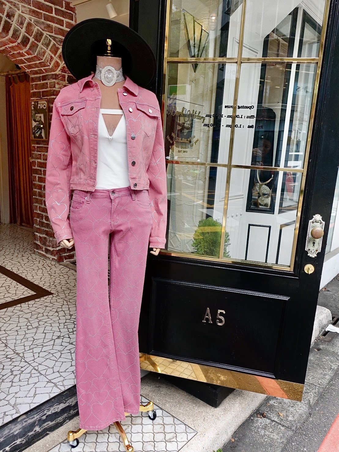 Rose Heart粉紅愛心燙鑽丹寧夾克+牛仔褲套裝